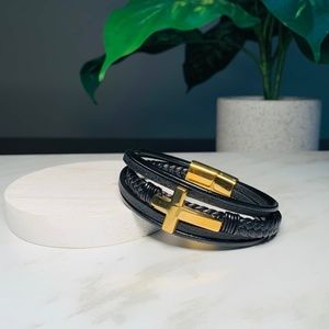 Men’s Black Leather and Steel Cross, Faith Bracelet. 7.75”